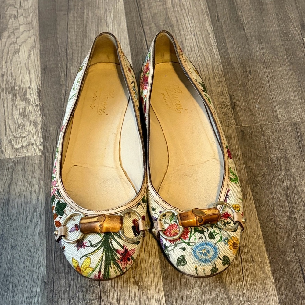 Gucci Multicolor Floral Print Leather and Canvas Bamboo Horsebit Ballet 7 1/2 B - Picture 5 of 7